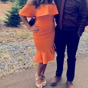 Confidence Boost Orange Off-the-Shoulder Bodycon Midi Dress from Lulu’s